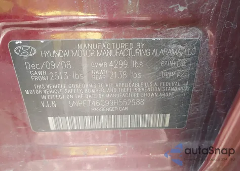 2009 Hyundai Sonata Gls from USA, damaged, VIN 5NPET46C99H552988